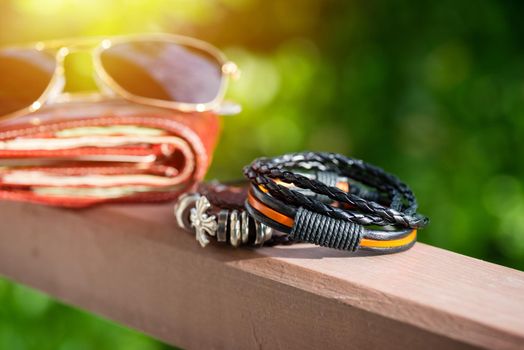 closeup leather bracelets for men, casual style of men accessories. Shallow depth of field.