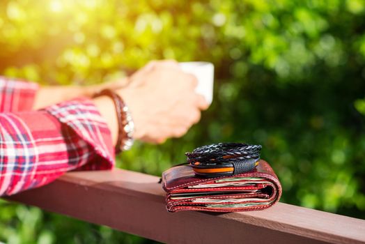 closeup leather bracelets for men, casual style of men accessories. Shallow depth of field.