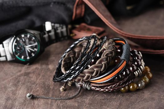 closeup leather bracelets for men, casual style of men accessories. Shallow depth of field.