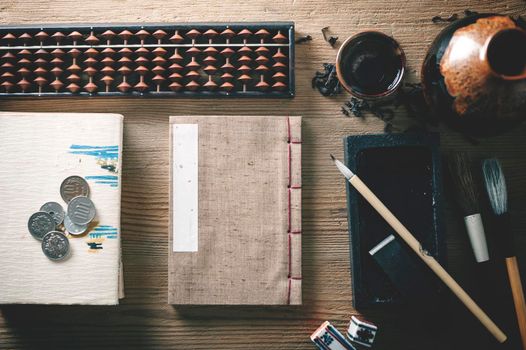 closeup vintage style of Japanese stab binding on wooden desk