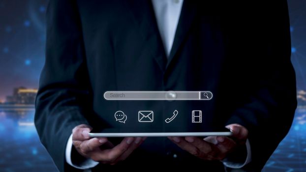 Hand man using laptop with search bar connect to social media, social network Online marketing concept Man hand holding laptop with search bar Lifestyle business concept copy space banner