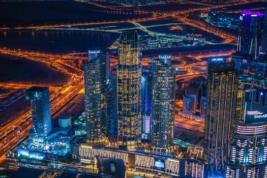 Night view of Dubai seen from the observation deck of Burj Huji. Shooting Location: Dubai