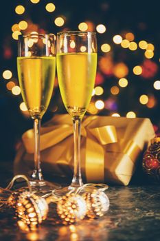 Christmas background with decoration and champagne. Selective focus. Holiday.