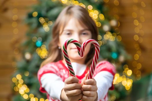 Christmas candy canes in the hands of a child. Selective focus. Holiday.