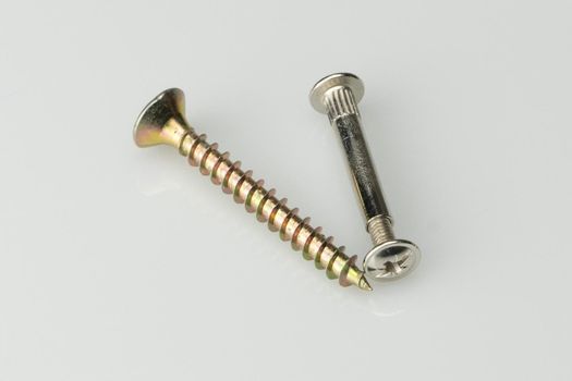 A closeup of a self-tapping screw and a coupling bolt on a white background