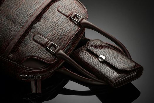 A closeup of a fashionable women's bag and purse on a dark background