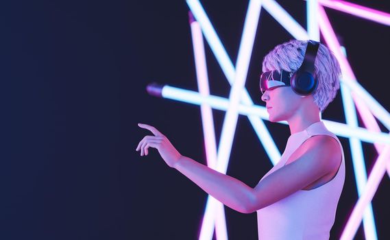 3D rendering side view of futuristic woman with short blond hair in modern VR goggles and headphones pushing invisible button while exploring metaverse in studio with neon illumination