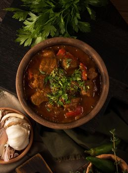 A close up shot of a meat stew and herbs in the background