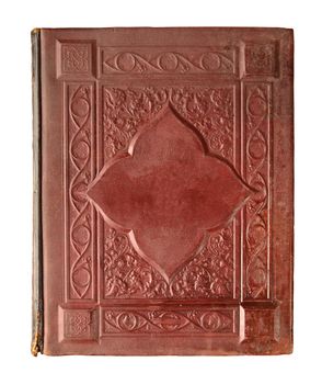 A vertical close-up shot of an old leather bookcase with an ancient pattern on a white background.