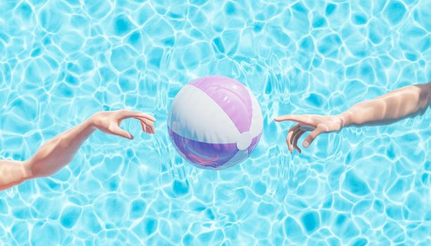 Top view 3D rendering of crop unrecognizable people underwater of outdoor swimming pool reaching out toward inflatable ball on sunny day