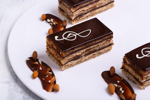 A serving of delicious chocolate cake pieces on a white plate