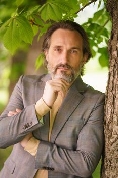 Mature handsome grey birded businessman in casual standing under tree on the grass looking at camera with arms folded touching his beard. Freelancer spend time working outdoors. Middle age crisis.
