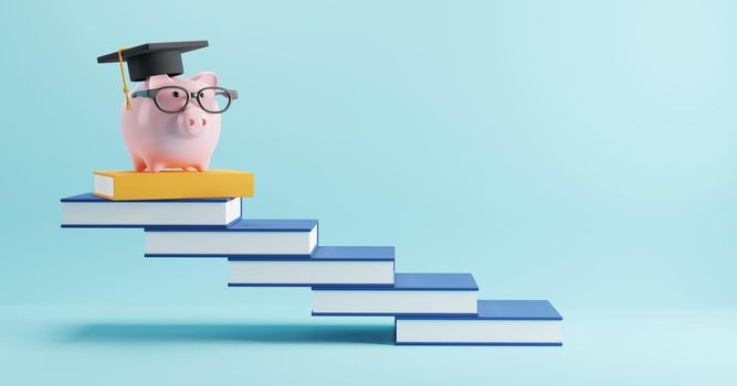 Education concept design of piggy bank with glasses wearing graduation cap on book stairs 3D render