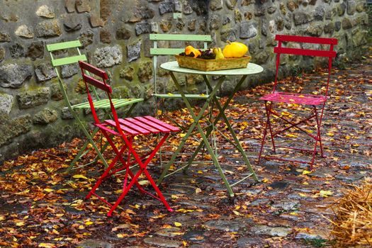 Garden with table and chairs decorated with autumn flowers and pumpkins