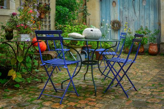 Garden decorated with autumn flowers, pumpkins and plants.