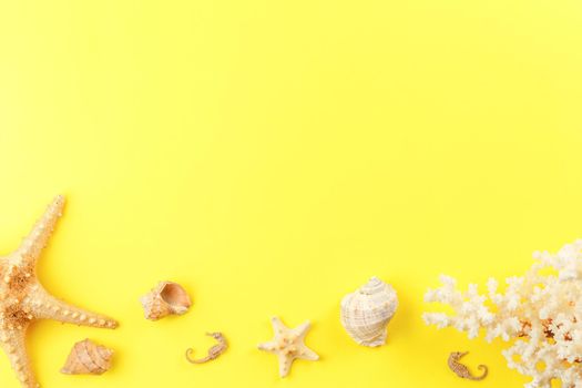 Seashells and starfish on yellow isolated background. Top view. Sandy beach concept. Corals and seahorses. Flat lay.