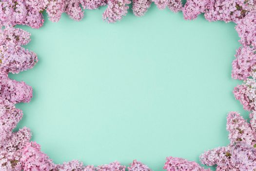 Cyan background with lilac flowers arranged along the edge. Flat lay