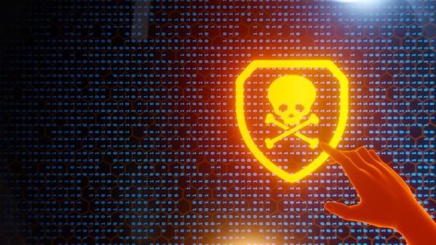 Protect from virus shield and skull icon 3d Render