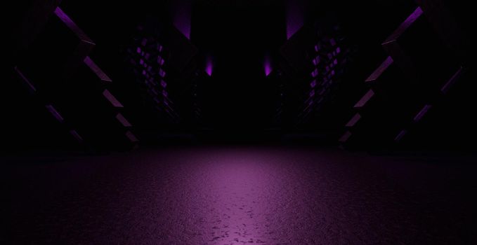 Eternal Tunnel Corridor Warehouse Surreal Future Dystopian Deep Violet Banner Background Industrial 3D Render