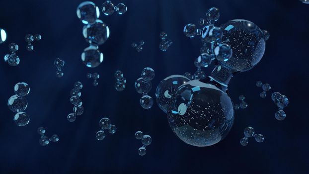 Water Molecules on Blue Background. Macro Wallpaper with Copy-Space