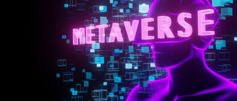 Metaverse vr world simulation gaming cyberpunk style, digital robot with cyber man wearing glowing 3d Render