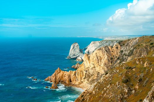 Atlantic ocean view with cliff. View of Atlantic Coast at Portugal, Cabo da Roca. Summer day. Seaside. Coastline. Beautiful landscape