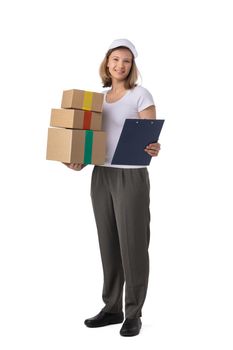 Portrait of delivery woman in white cap, t-shirt giving order boxes isolated on white background. Female courier step, cardboard box. Receiving package.