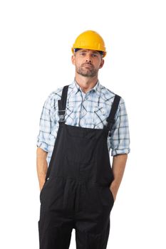Portrait of confident male repairman contractor worker in coveralls and yellow hardhat isolated on white background