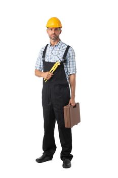 Plumber worker in uniform with tool bag and pipe wrench isolated on white background