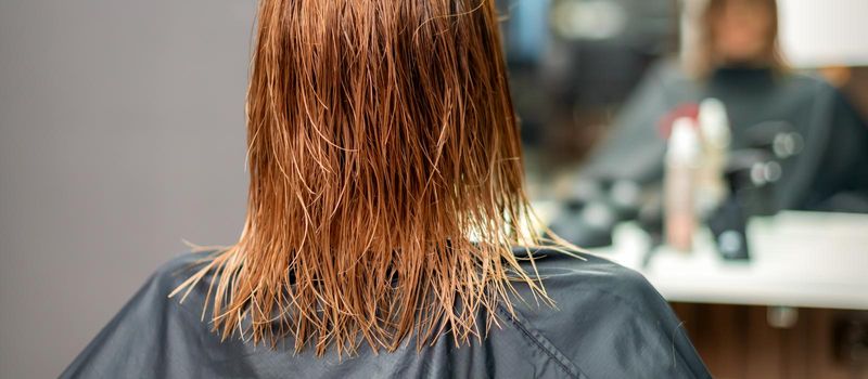 Back view of beautiful wet long red straight hair of young woman in hair salon