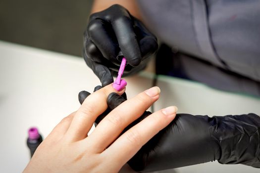 Manicure master applying pink nail polish to female nail in nail salon