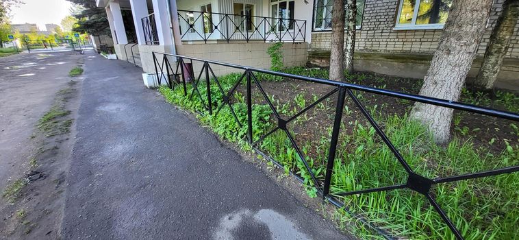 Black wrought iron fence in green grass.