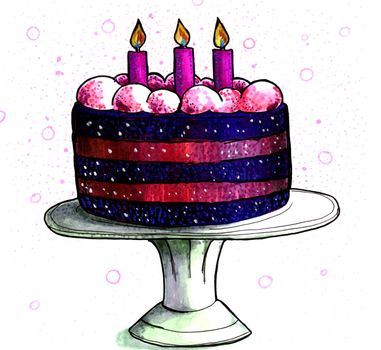 A hand-drawn purple cake with three candles on a stand. Alcohol markers