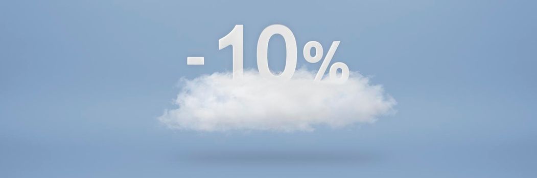 Discount 10 percent. Big discounts, sale up to ten percent. 3D numbers float on a cloud on a blue background. Copy space. Advertising banner and poster to be inserted into the project.