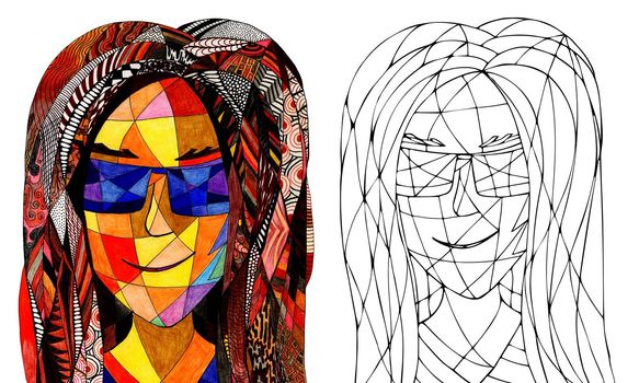 Coloring Page with a Fantasy Woman, Hand Drawn Stained Glass Portrait. Hand-Drawn Coloring Book of an Attractive Girl.