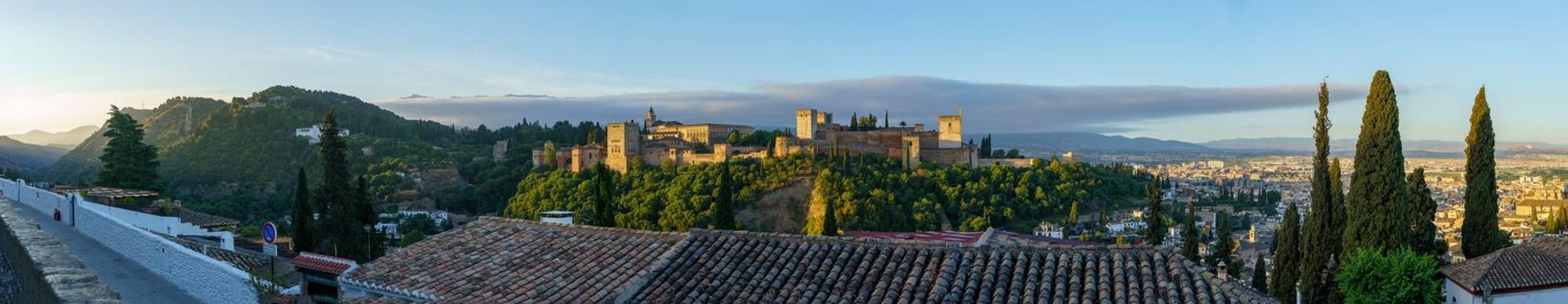Granada, Andalusia, Spain. 4th June 2022. Panoramic view of Granada and its Alhambra, with the light of dawn.