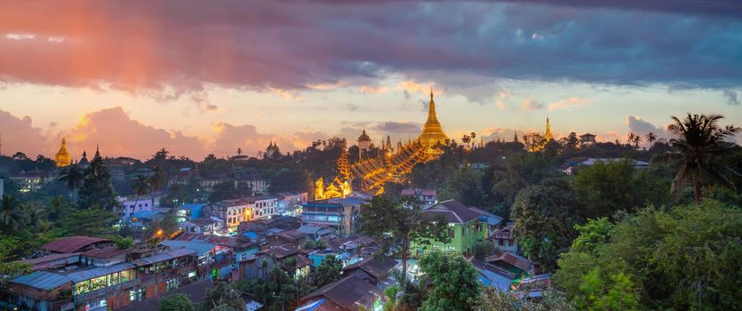 Shwedagon Pagoda in Yangon city, Myanmar at sunset