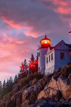 Bass Harbor Lighthouse at sunset in Maine