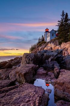 Bass Harbor Lighthouse at sunset in Maine