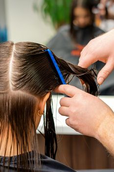 Hands of a hairdresser combing the hair of a young woman parted in sections at the barbershop