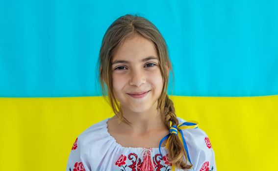 Ukrainian girl child in vyshyvanka. Selective focus. Kid.