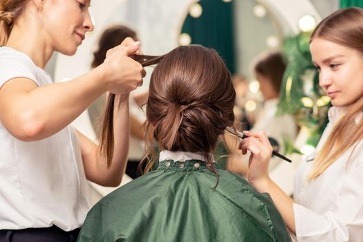 Makeup artist and hairdresser are preparing hairstyle and visage of young woman in beauty salon