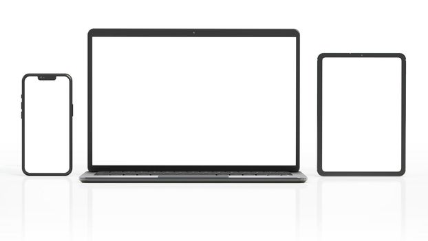 Laptop computer, smartphone and tablet pc isolated on white background. 3D illustration.