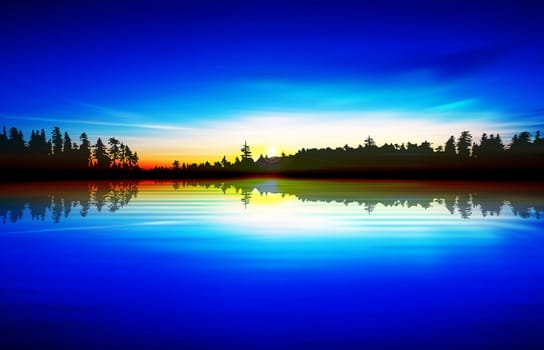 abstract bright background with sunrise and forest lake
