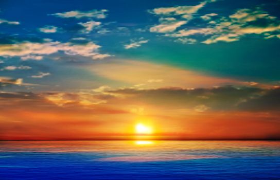 abstract blue green nature background with sea red sunset and clouds