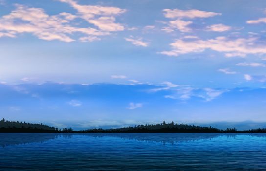 abstract blue sunset background with forest lake and white clouds