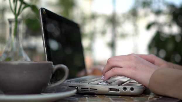 Young business woman sits in a cafe and works at a laptop close-up. Girl with coffee on the summer veranda. 4k