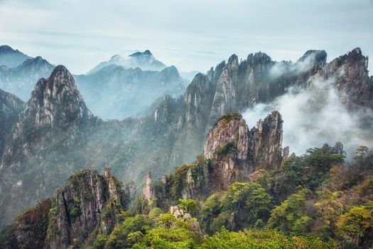 view from Refreshing terrace in Huangshan mountain (Yellow mountain), known as the loveliest mountain of China, World Natural and Cultural Heritage site by UNESCO, Anhui, China.