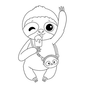 Cute sloth with ice cream and panda bag coloring page illustration