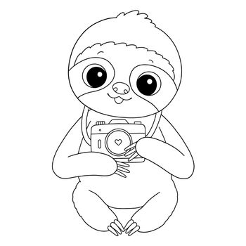 Cute baby sloth with blue yellow camera summer coloring page illustration